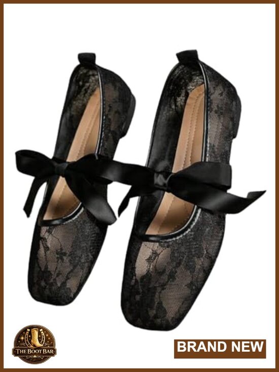 Shoes - Floral Lace Mesh Ballet Flats Comfortable Dressy Square Closed Toe Bow